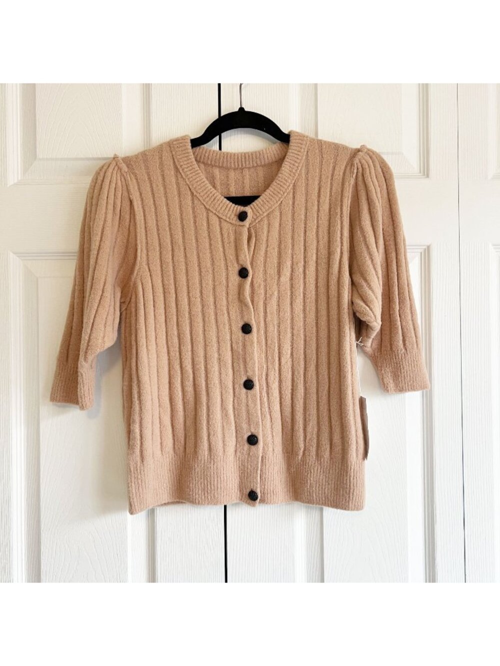 Free People Beige Ribbed Puff-Sleeve Cardigan